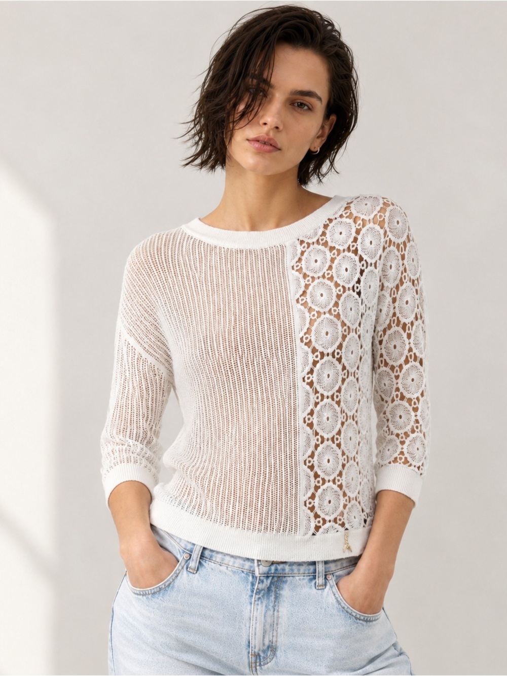 PATRIZIA PEPE Ivory Open Knit Linen Blend Lace Sweater IT 0 / US 2